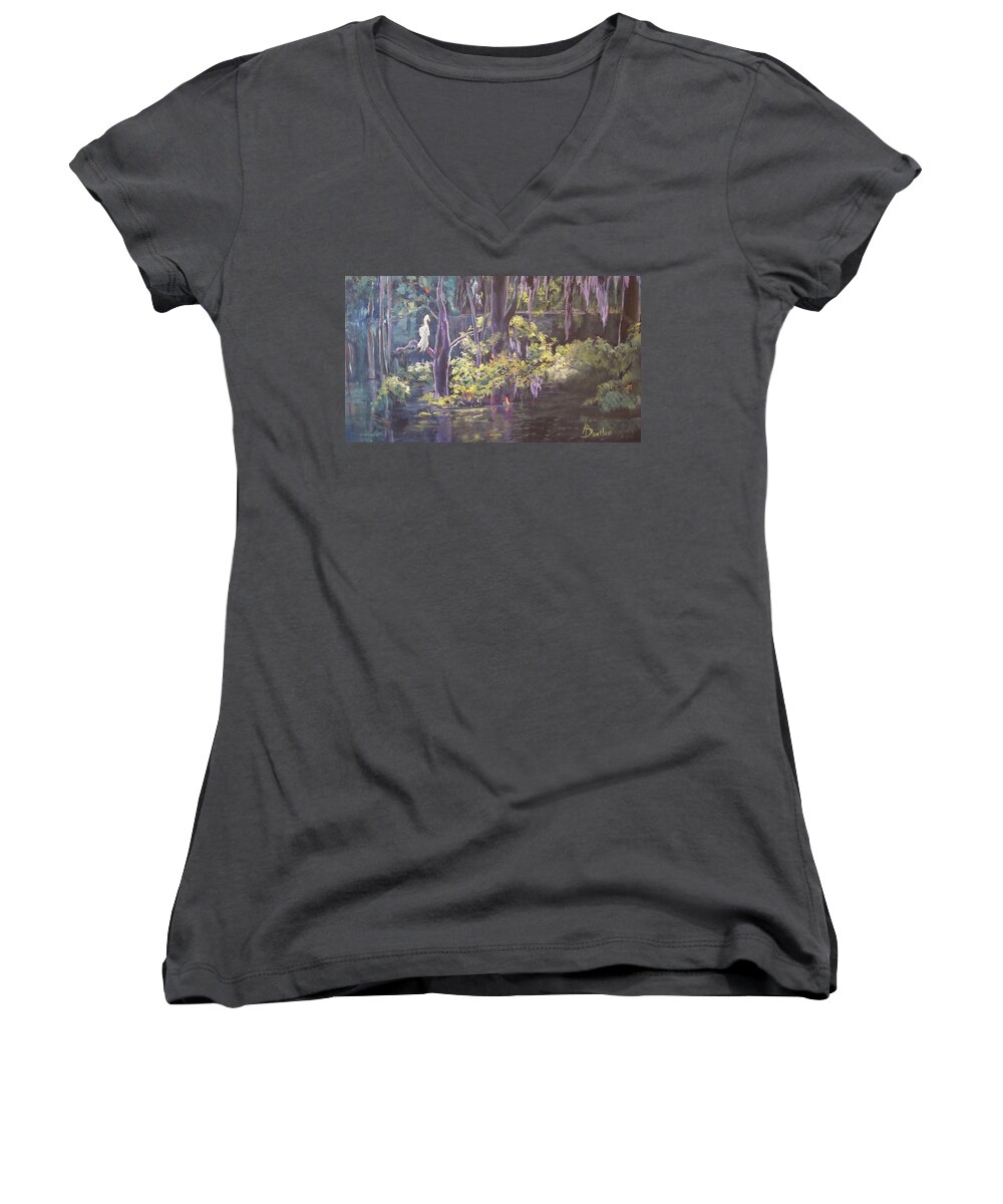 Egrets Women's V-Neck featuring the painting Night Light by AnnE Dentler