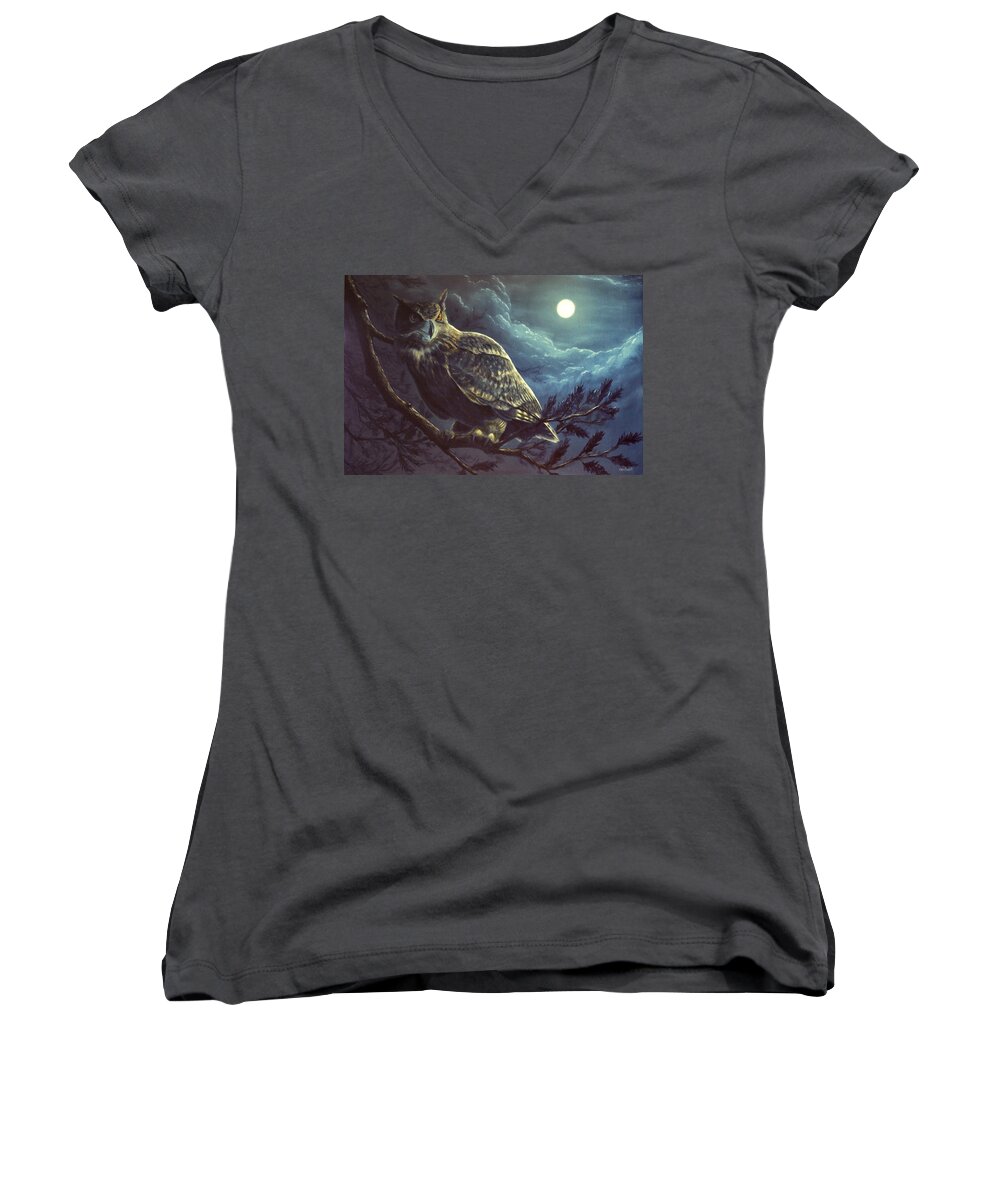 Oil Women's V-Neck featuring the painting Night Owl by Linda Merchant