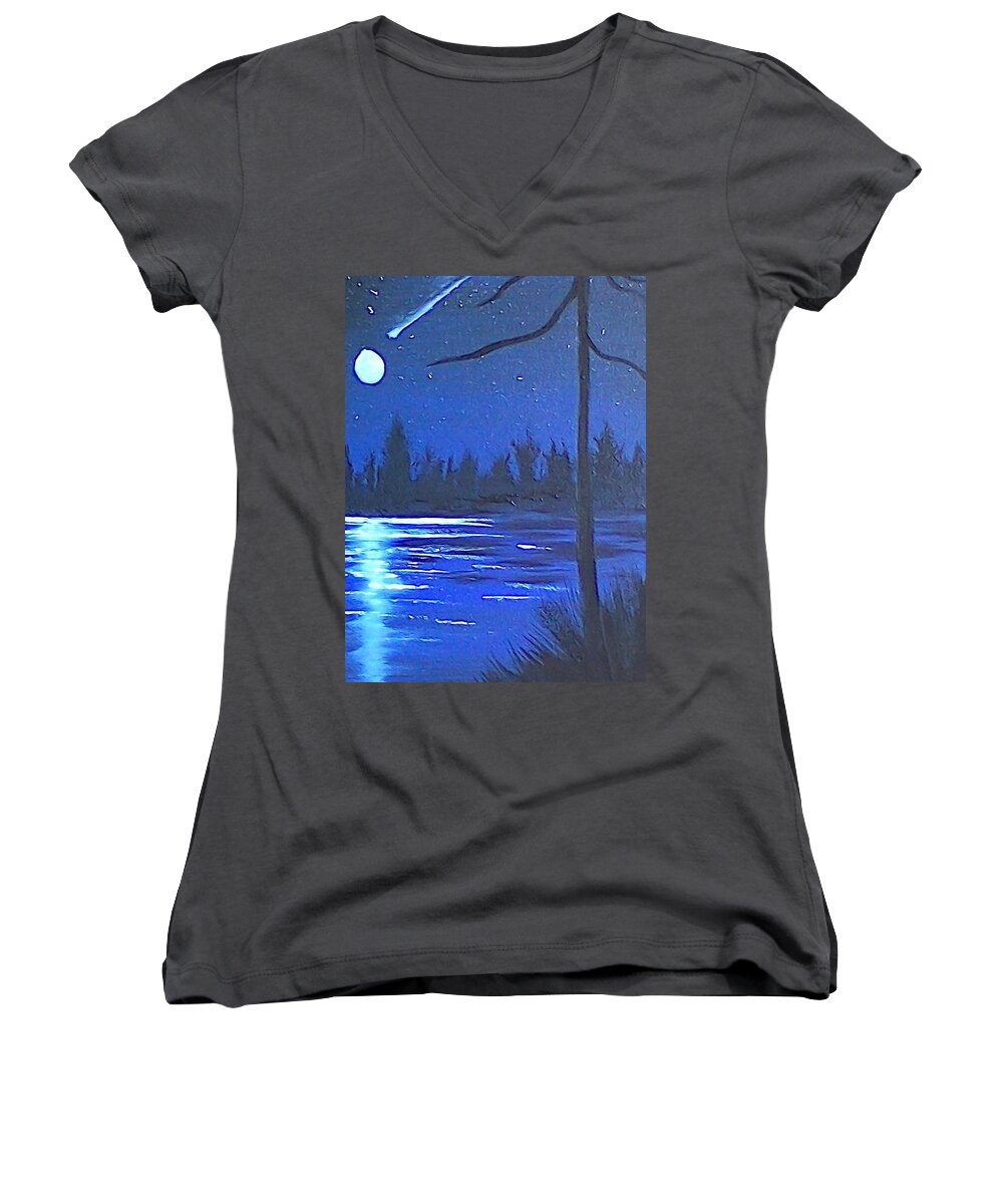 Trees Women's V-Neck featuring the painting Night Scene by Brenda Bonfield