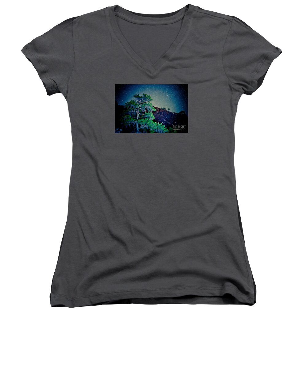 Water Women's V-Neck featuring the photograph Night sky scene with pine and stars Artmif.lv by Raimond Klavins