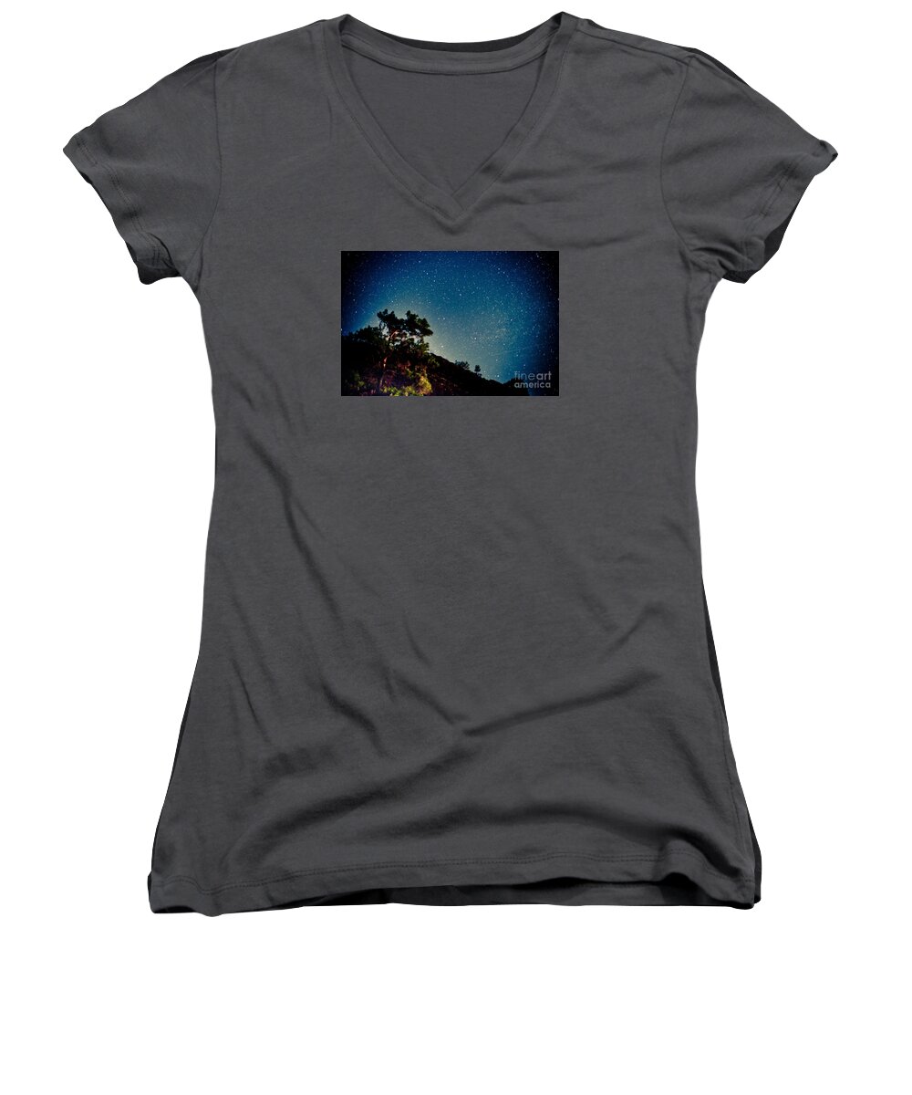 Tree Women's V-Neck featuring the photograph Night sky scene with pine and stars by Raimond Klavins