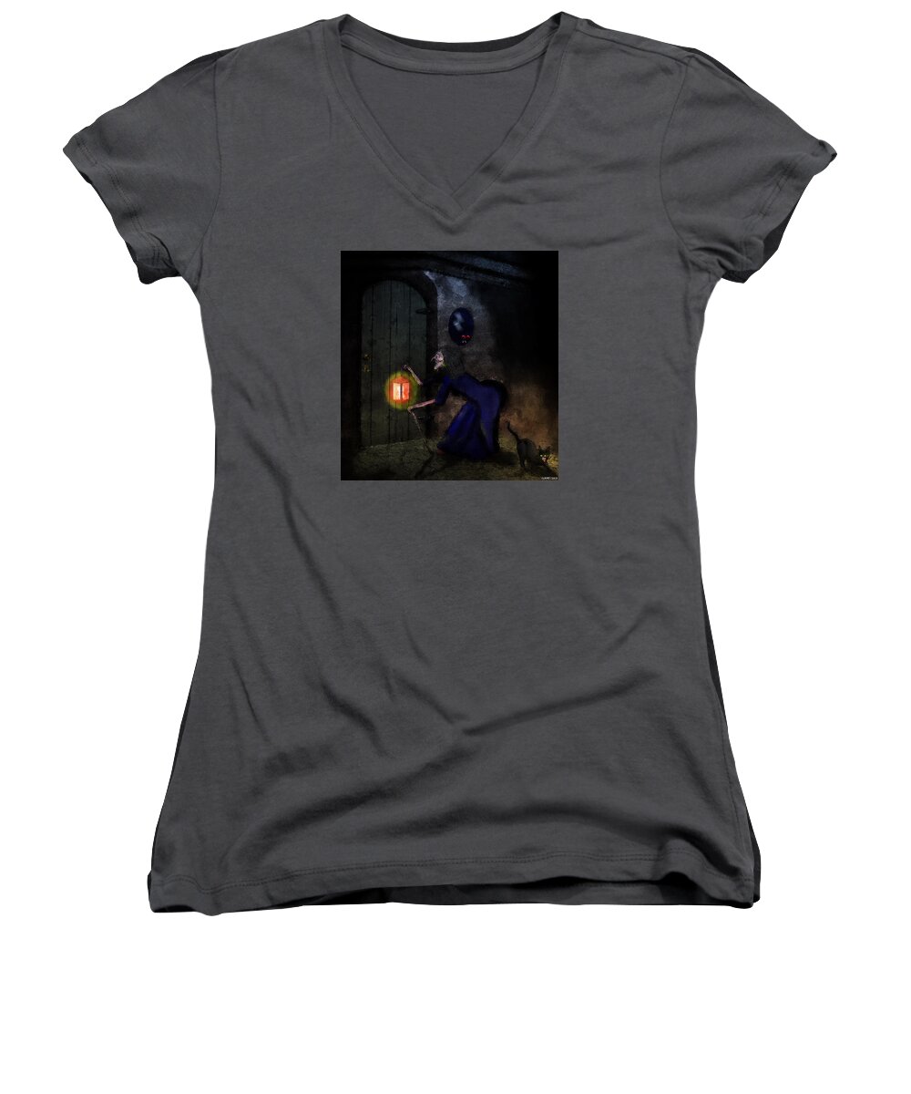 Afraid Women's V-Neck featuring the digital art Noise in the Night by Ken Morris