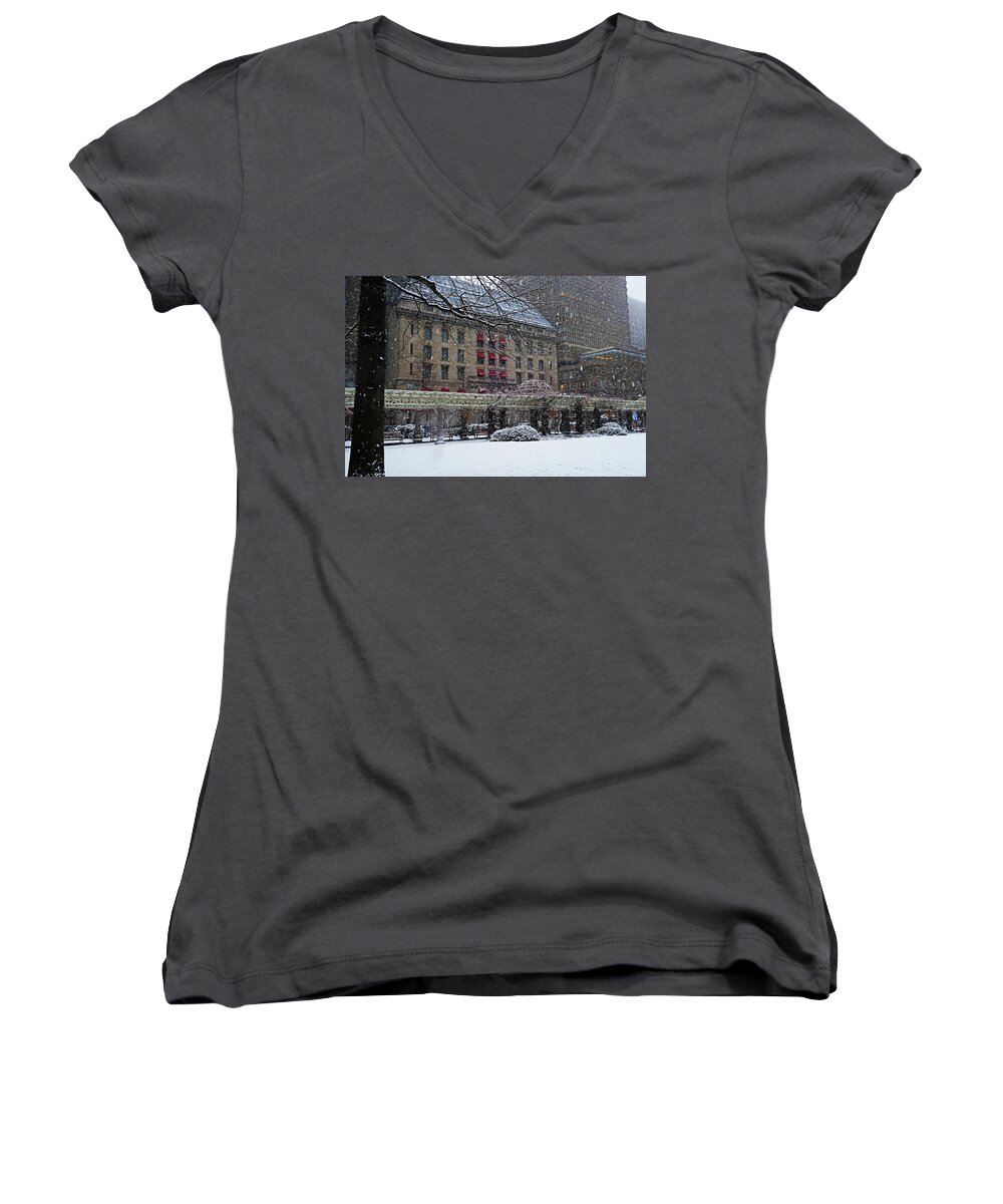 Norman Women's V-Neck featuring the photograph Norman B Leventhal Park Boston MA Snow storm by Toby McGuire
