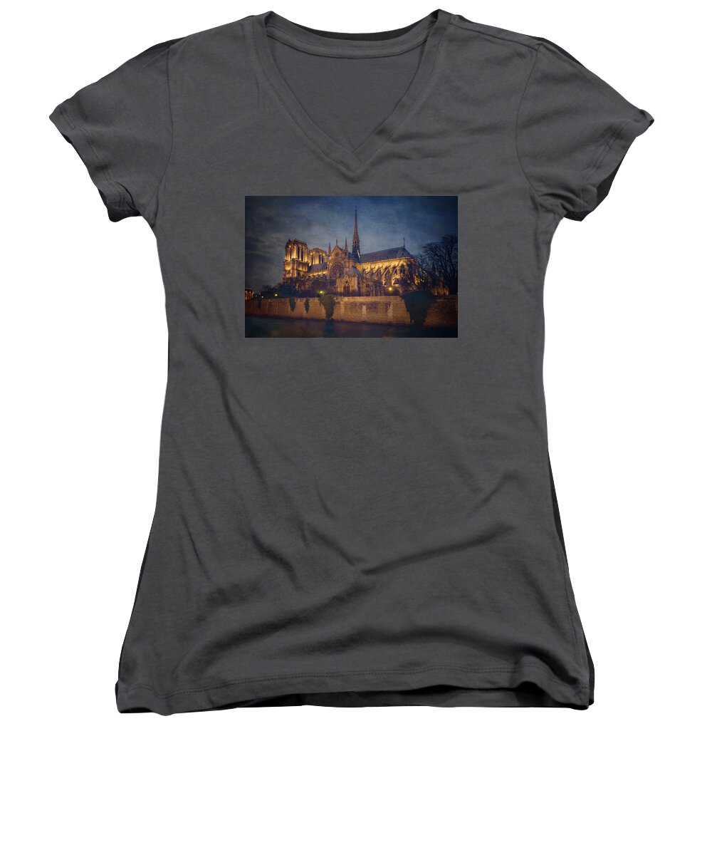 Joan Carroll Women's V-Neck featuring the photograph Notre Dame on the Seine Textured by Joan Carroll
