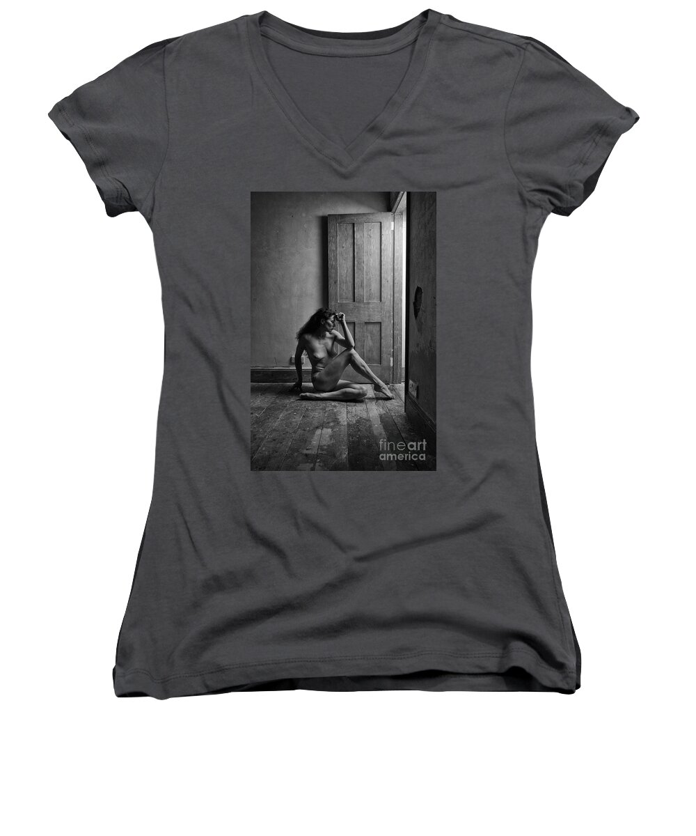 Woman Women's V-Neck featuring the photograph Nude woman sitting by doorway in abandoned room by Clayton Bastiani