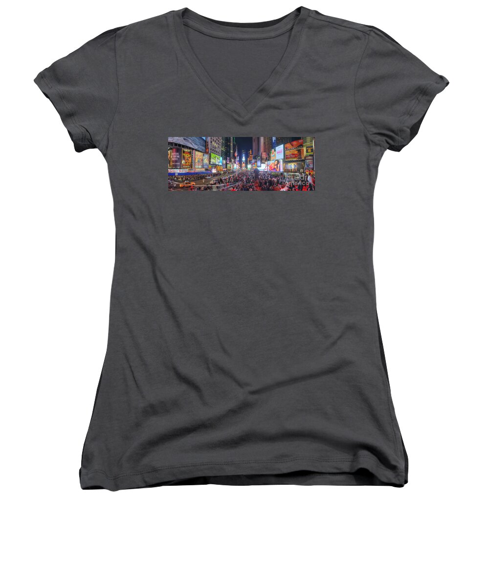 Art Women's V-Neck featuring the photograph NYC Times Square Panorama by Yhun Suarez