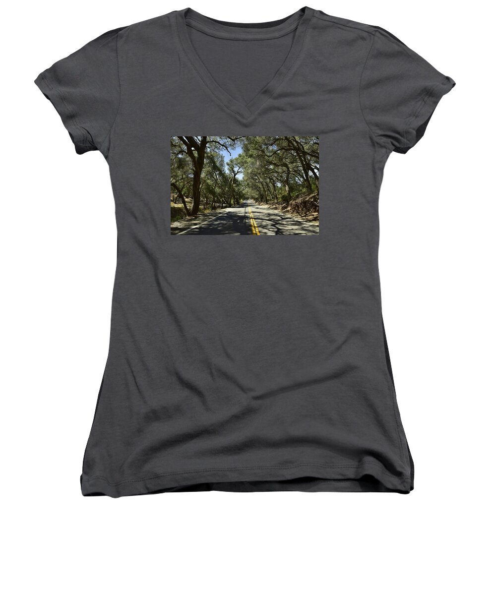 Linda Brody Women's V-Neck featuring the photograph Oak Trees Along Live Oak Canyon Road by Linda Brody