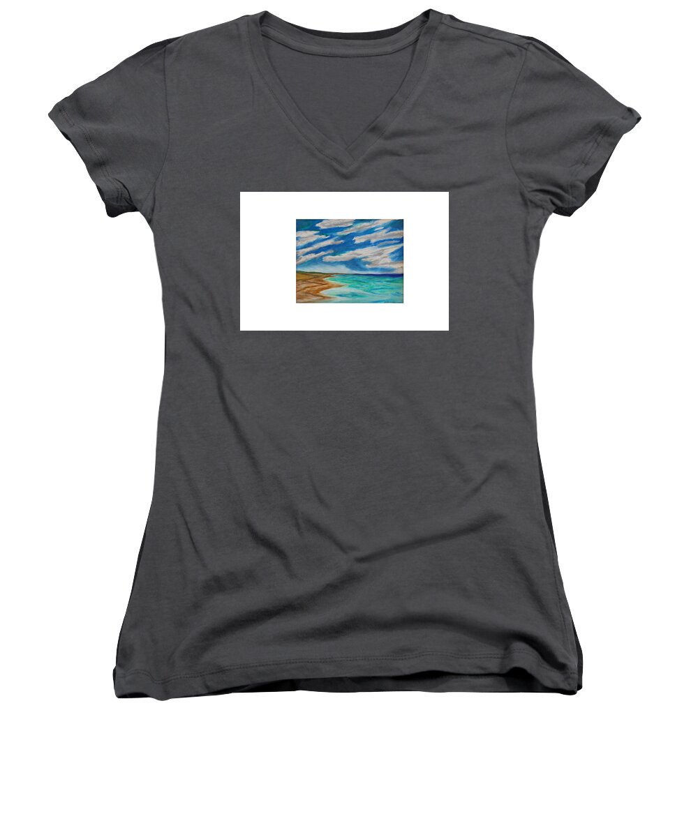 Ocean Beach Sand Tide Waves Sky Coastal Dunes Blue Green Morning Walk Pastel Women's V-Neck featuring the painting Ocean clouds by Daniel Dubinsky