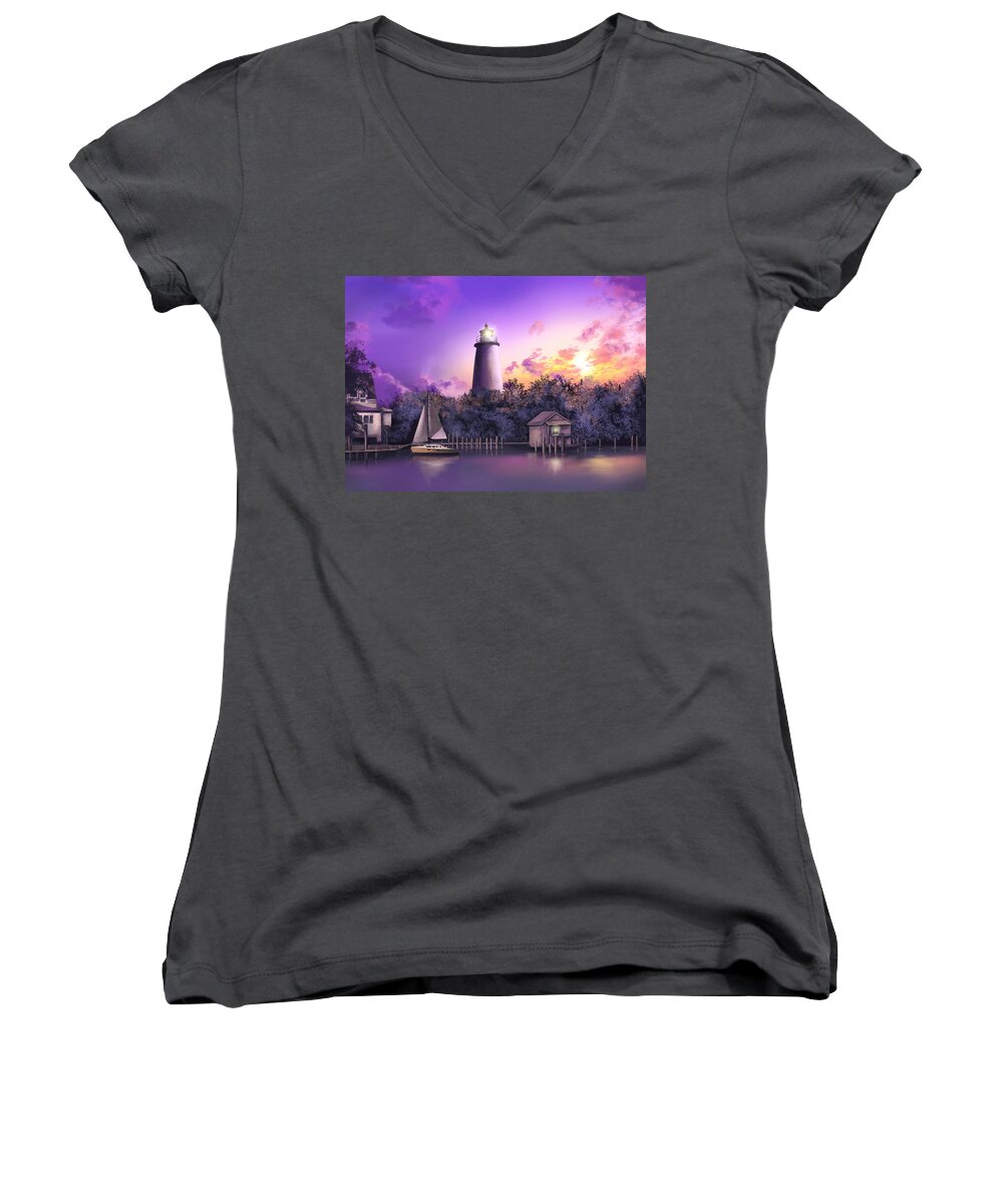 Lighthouse Women's V-Neck featuring the painting Ocracoke Lighthouse by Bekim M