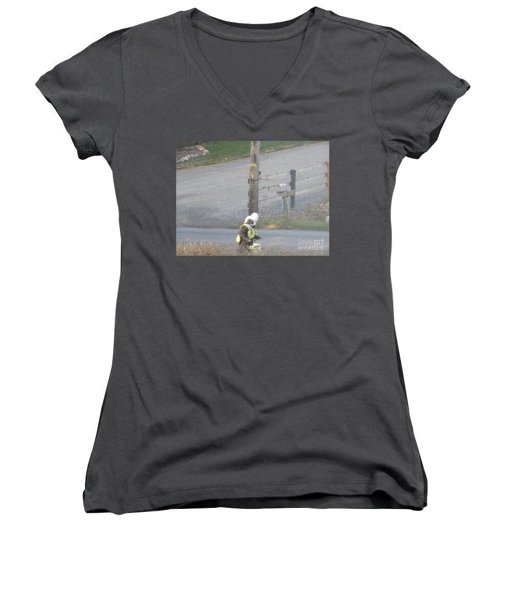 Amish Women's V-Neck featuring the photograph Off to School by Christine Clark