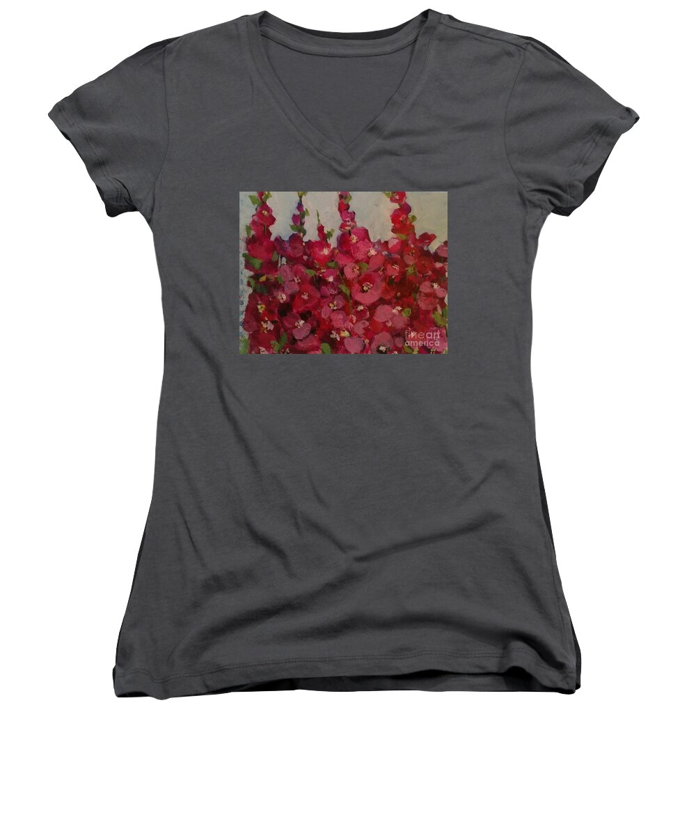 Floral Women's V-Neck featuring the painting Oh My Hollyhocks by Sherry Harradence
