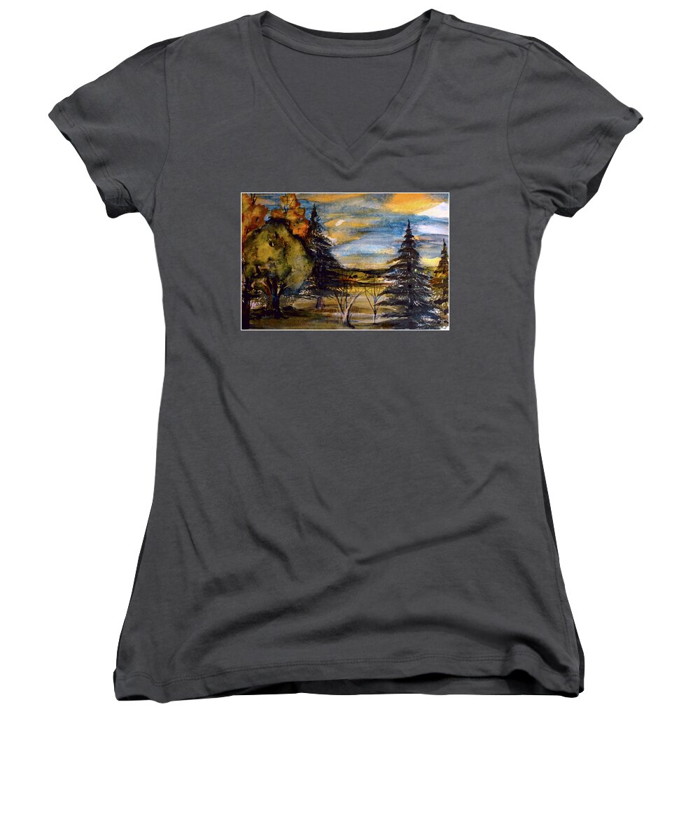 Ohio Women's V-Neck featuring the painting Ohio Sunset by Mindy Newman