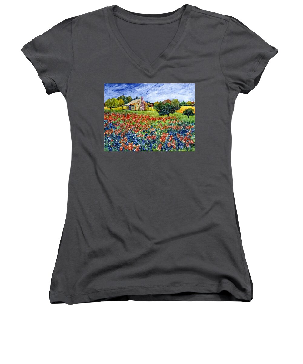 Bluebonnet Women's V-Neck featuring the painting Old Baylor Park by Hailey E Herrera