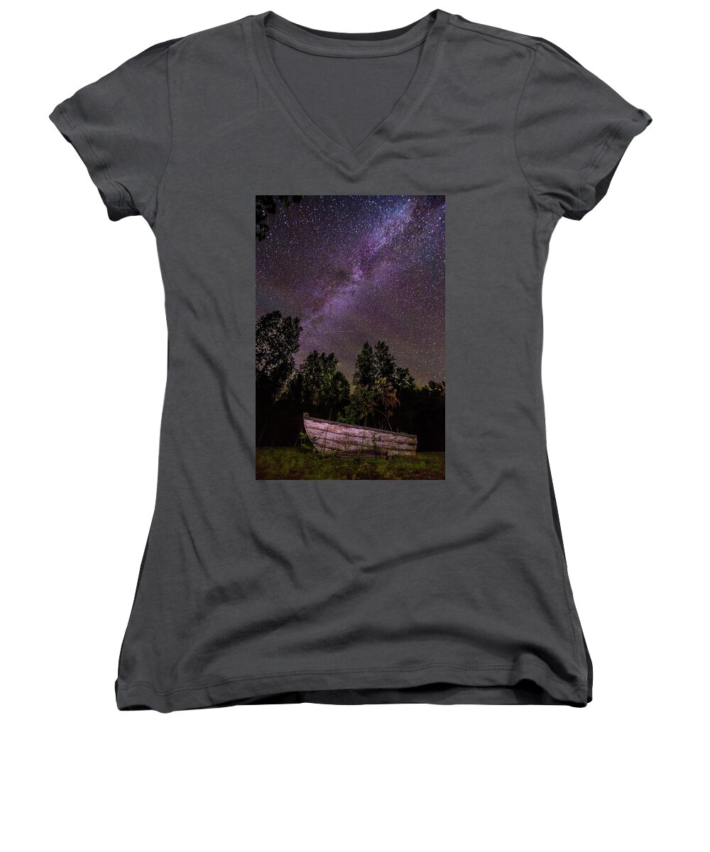 Milky Way Women's V-Neck featuring the photograph Old Boat Under the Stars by Tim Kirchoff