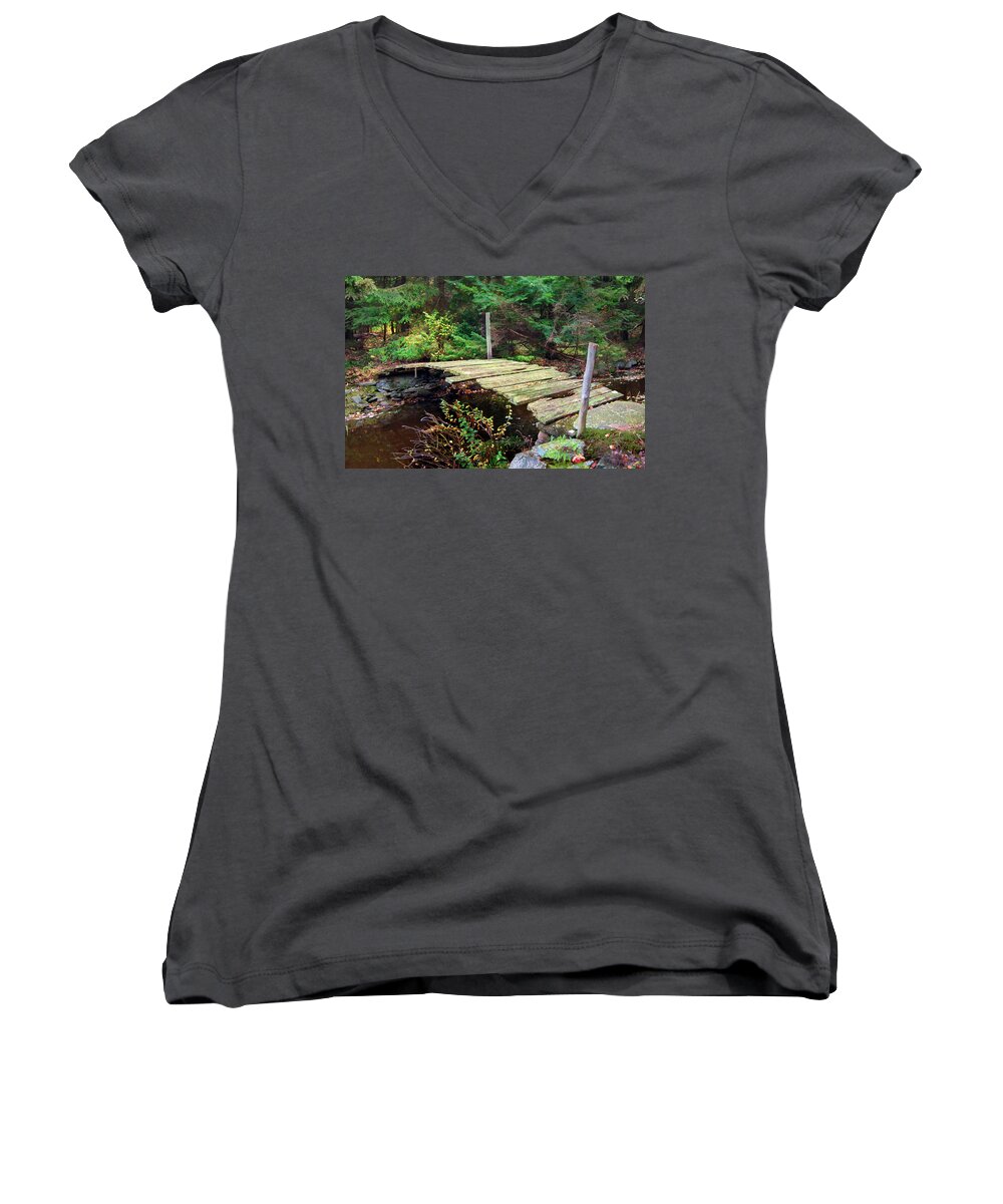 Bridge Old Relic Ancient Broken Decay Derelict Stream River Crossing Forest Woods Women's V-Neck featuring the photograph Old Bridge by Frances Miller