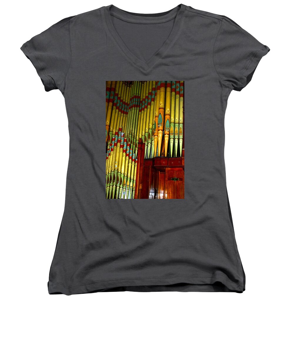 Organ Women's V-Neck featuring the photograph Old Church Organ by Anthony Jones