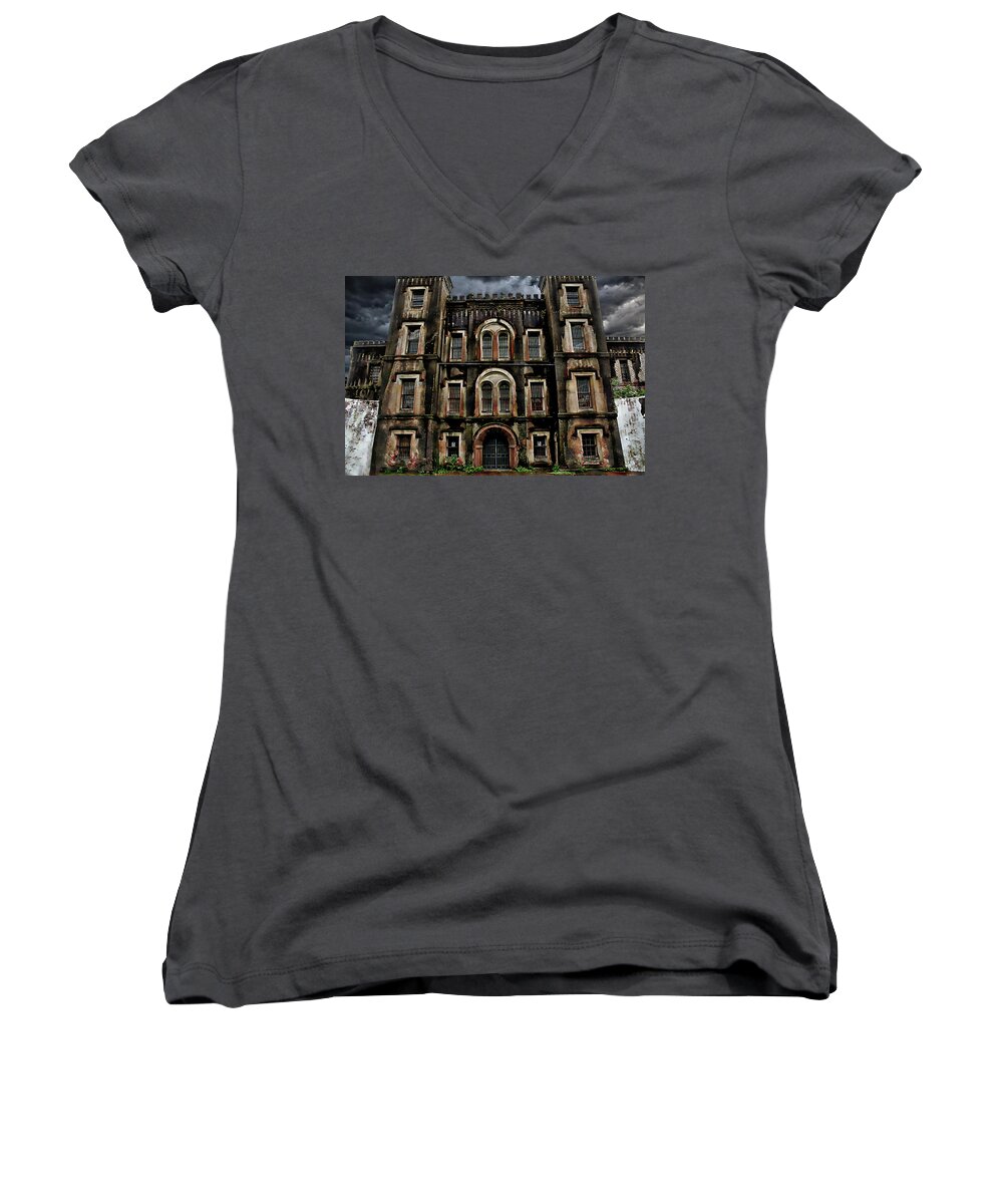 Old City Jail Women's V-Neck featuring the photograph Old City Jail by Jessica Brawley