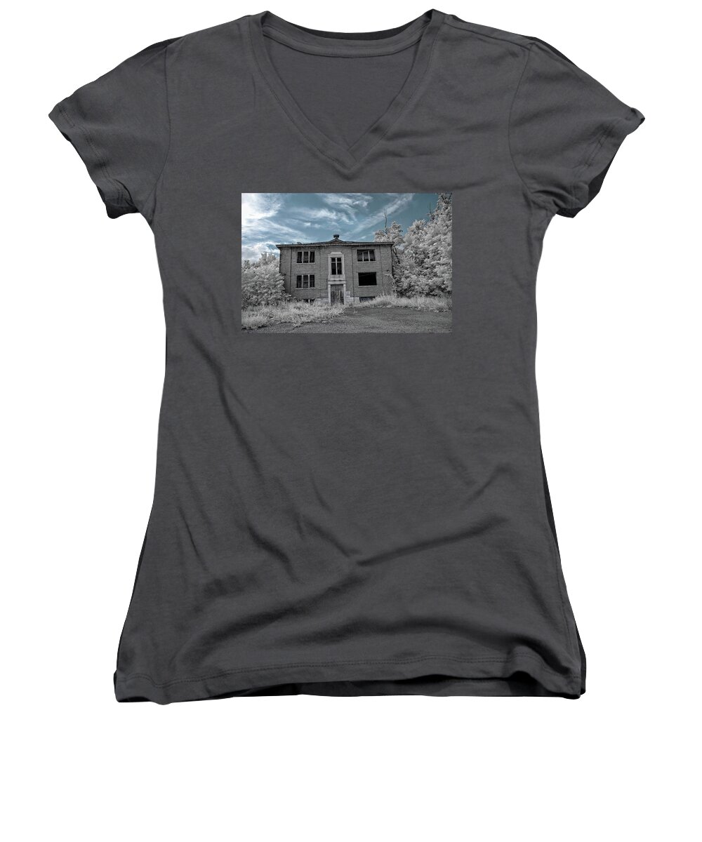 Old Women's V-Neck featuring the photograph Old Edmonton High School IR 2 by Amber Flowers