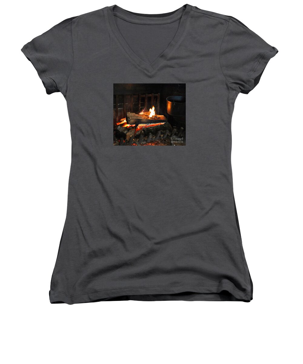 Wood Women's V-Neck featuring the photograph Old Fashioned Fireplace by Nava Thompson