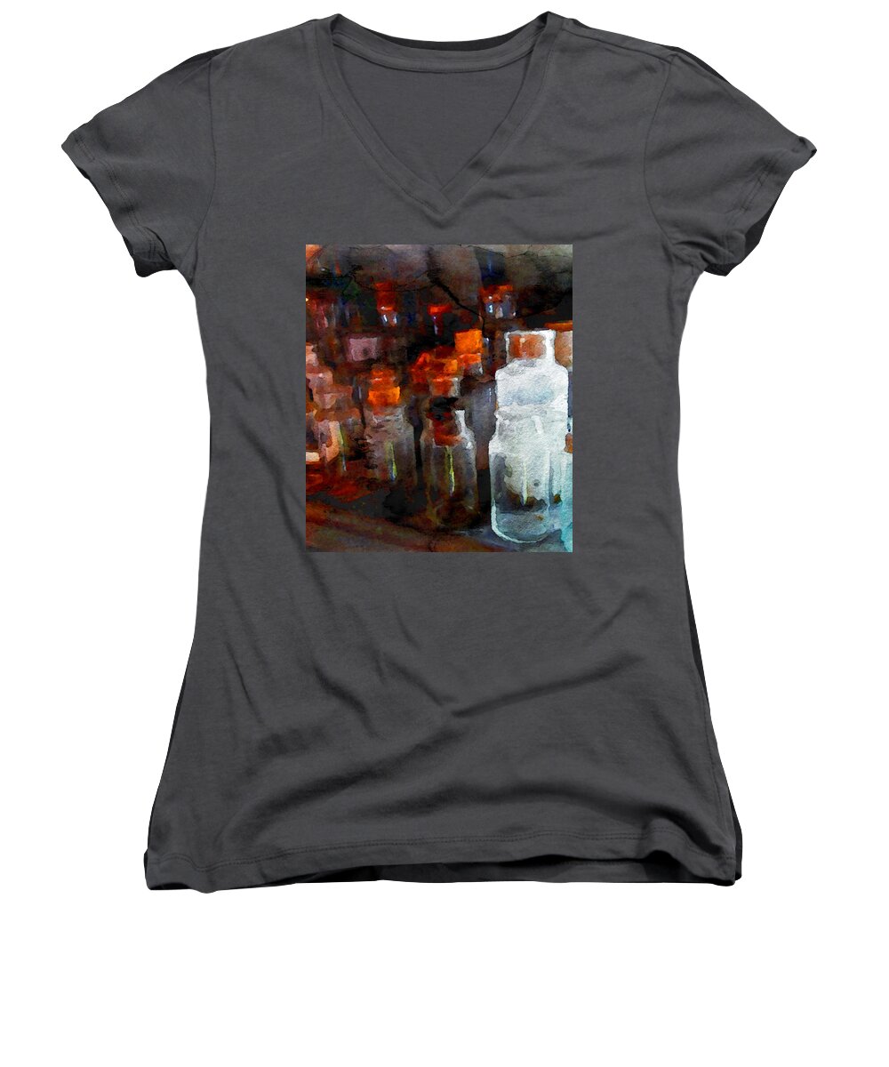 Watercolor Women's V-Neck featuring the painting Old Jars by Joan Reese