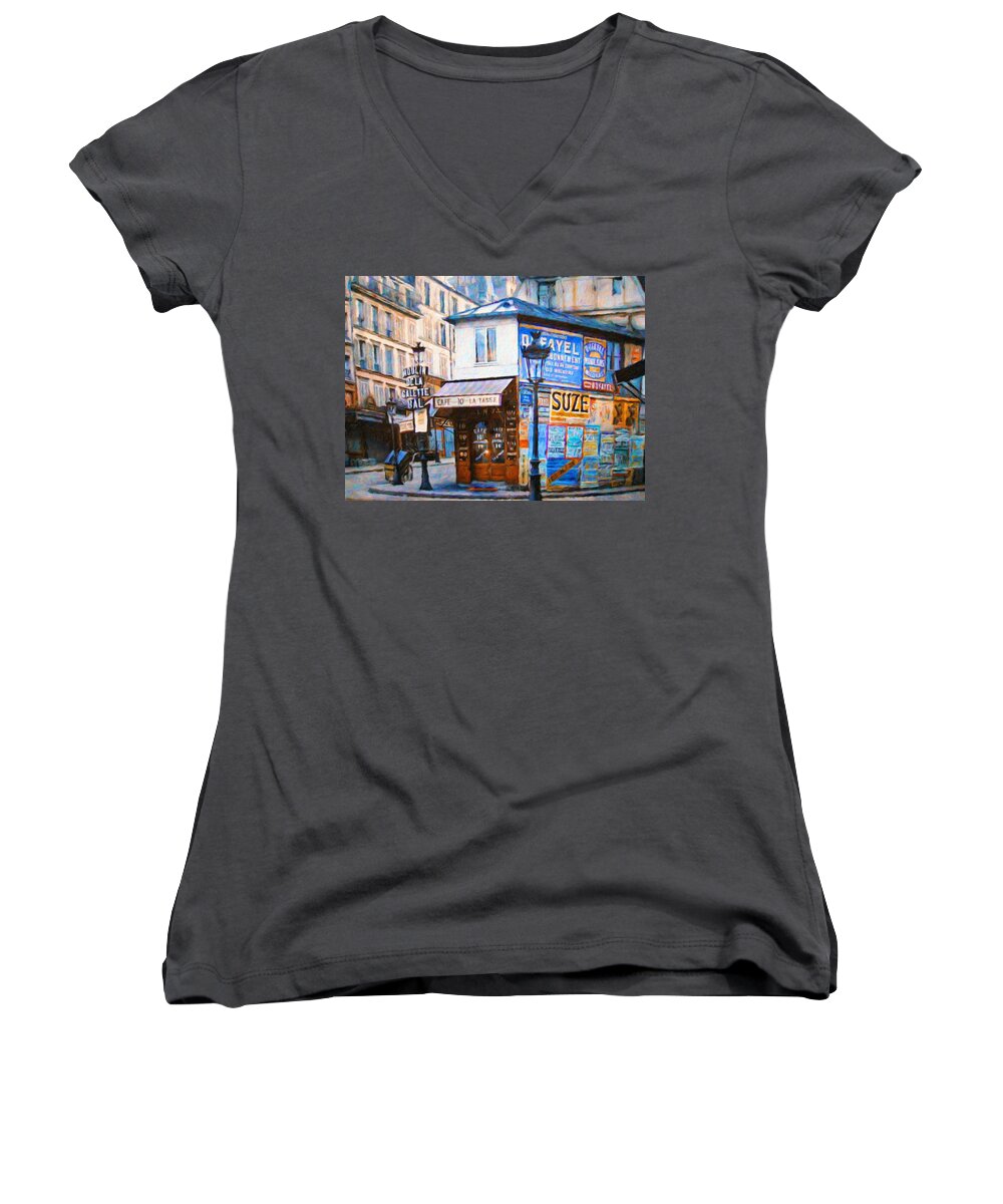Old Paris Streets Crossword Women's V-Neck featuring the painting Old Paris Cafe by Vincent Monozlay