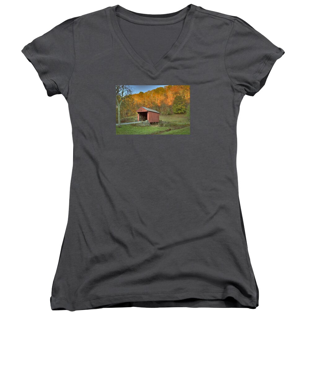 America Women's V-Neck featuring the photograph Old Red or Walkersville Covered Bridge by Jack R Perry