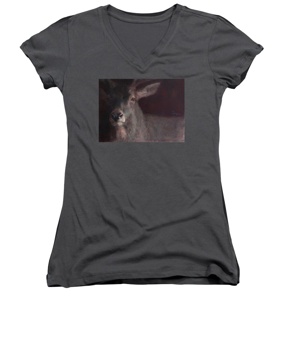 Deer Women's V-Neck featuring the painting Old Stag by Attila Meszlenyi