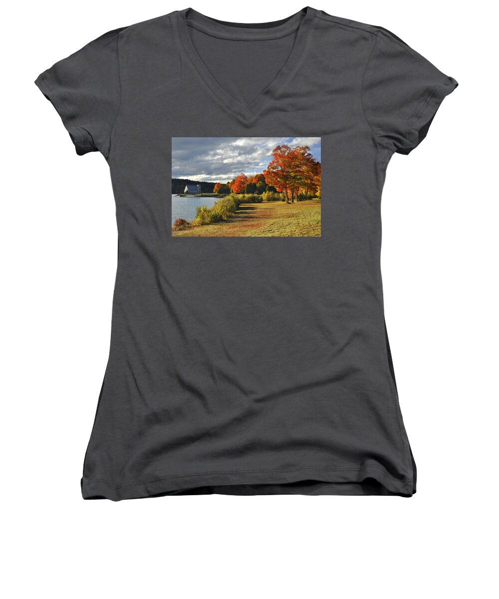 Autumn Women's V-Neck featuring the photograph Old Stone Church Autumn Glow by Luke Moore