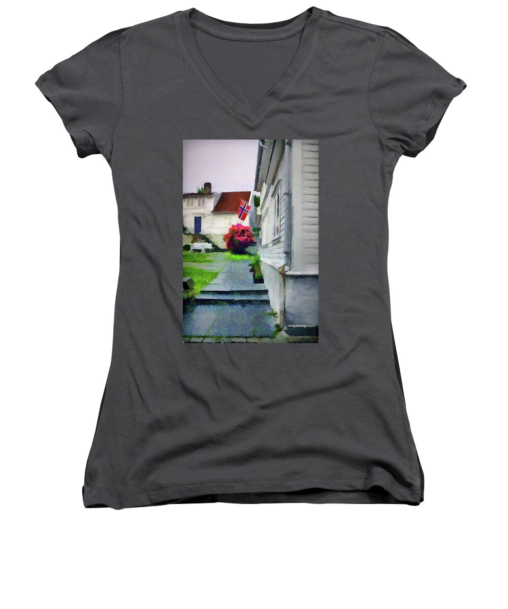 Norwegian Cityscape Women's V-Neck featuring the mixed media Old Town Stavanger - Painterly by Susan Lafleur