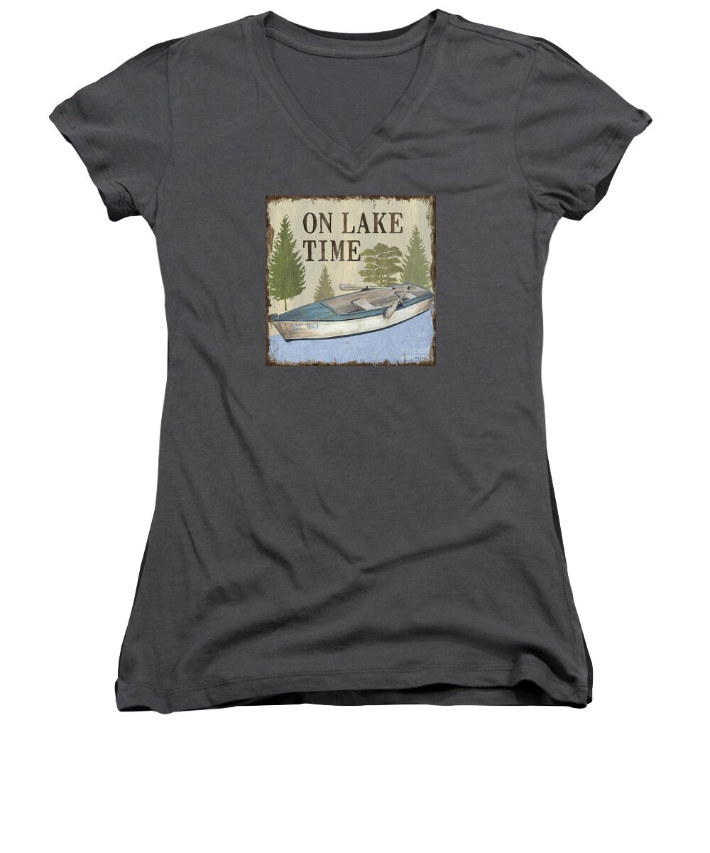 Lake Women's V-Neck featuring the painting On Lake Time by Debbie DeWitt