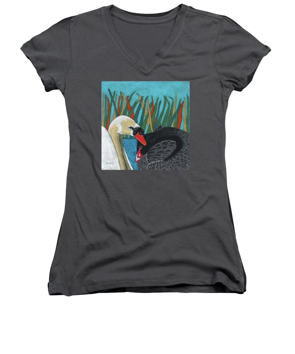 Swan Women's V-Neck featuring the pastel On Peaceful Pond by Arlene Crafton