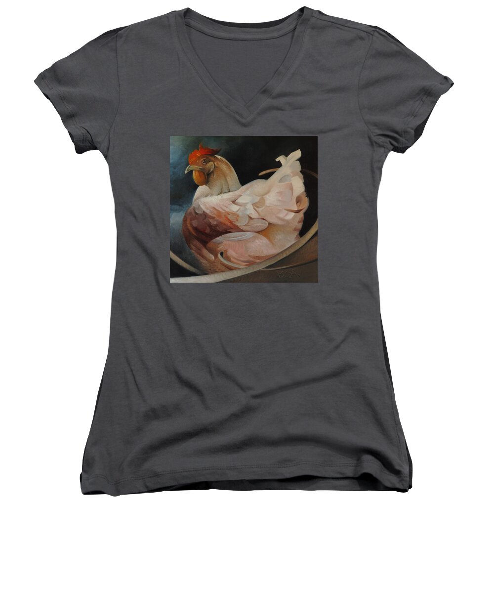 Hen Chicken Barn Farm Chickens Rooster Eggs Straw Hay Barnyard Country Oil Painting Fine Art Unique Farming Artistic Style Feathers Women's V-Neck featuring the painting On The Hen House by T S Carson