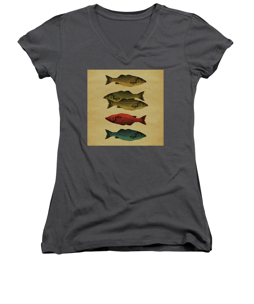 Fish Women's V-Neck featuring the drawing One fish, two fish . . . by Meg Shearer