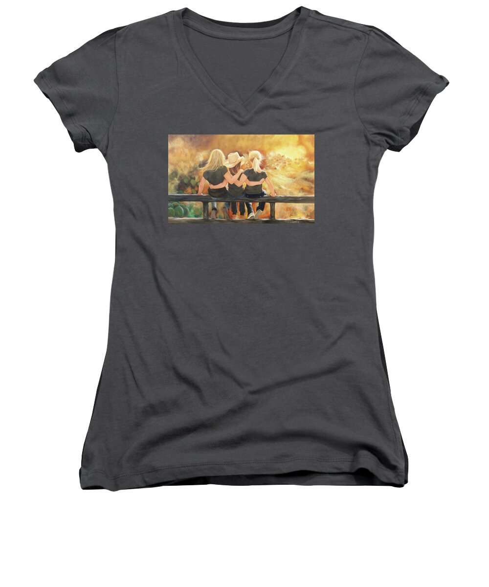 Only Sisters Know Painting Women's V-Neck featuring the painting Only Sisters Know by Karen Kennedy Chatham