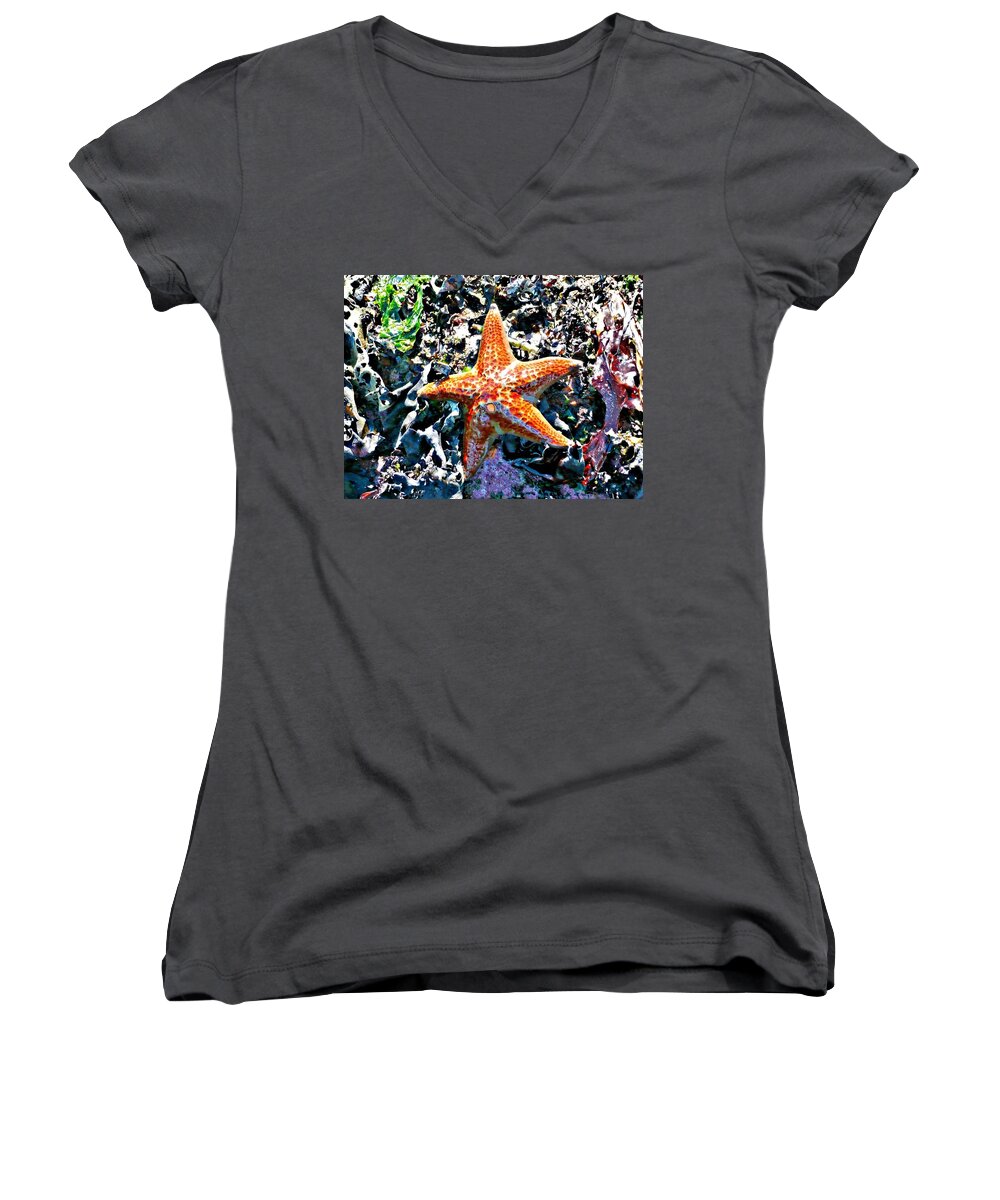 Starfish Women's V-Neck featuring the photograph Orange Starfish by 'REA' Gallery