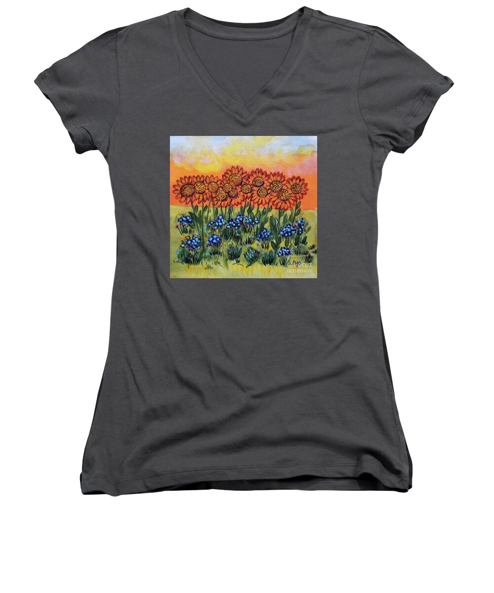 Sunset Women's V-Neck featuring the painting Orange Sunset Flowers by Holly Carmichael