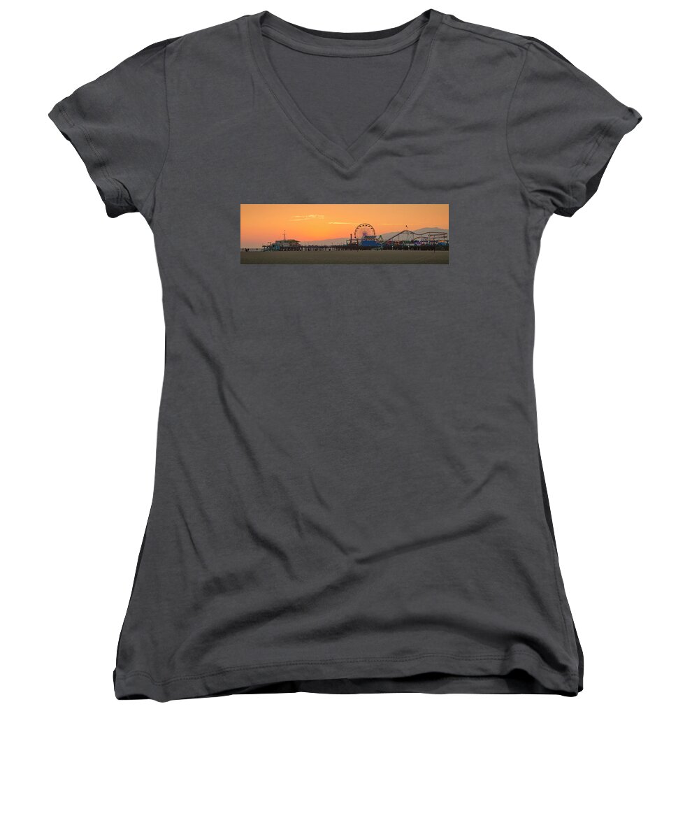 Santa Monica Pier Women's V-Neck featuring the photograph Orange Sunset - Panorama by Gene Parks