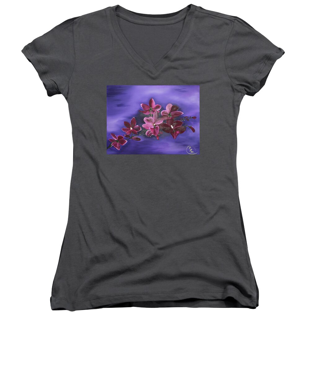 Stephen Daddona Women's V-Neck featuring the painting Orchid Blossoms on a Stem by Stephen Daddona