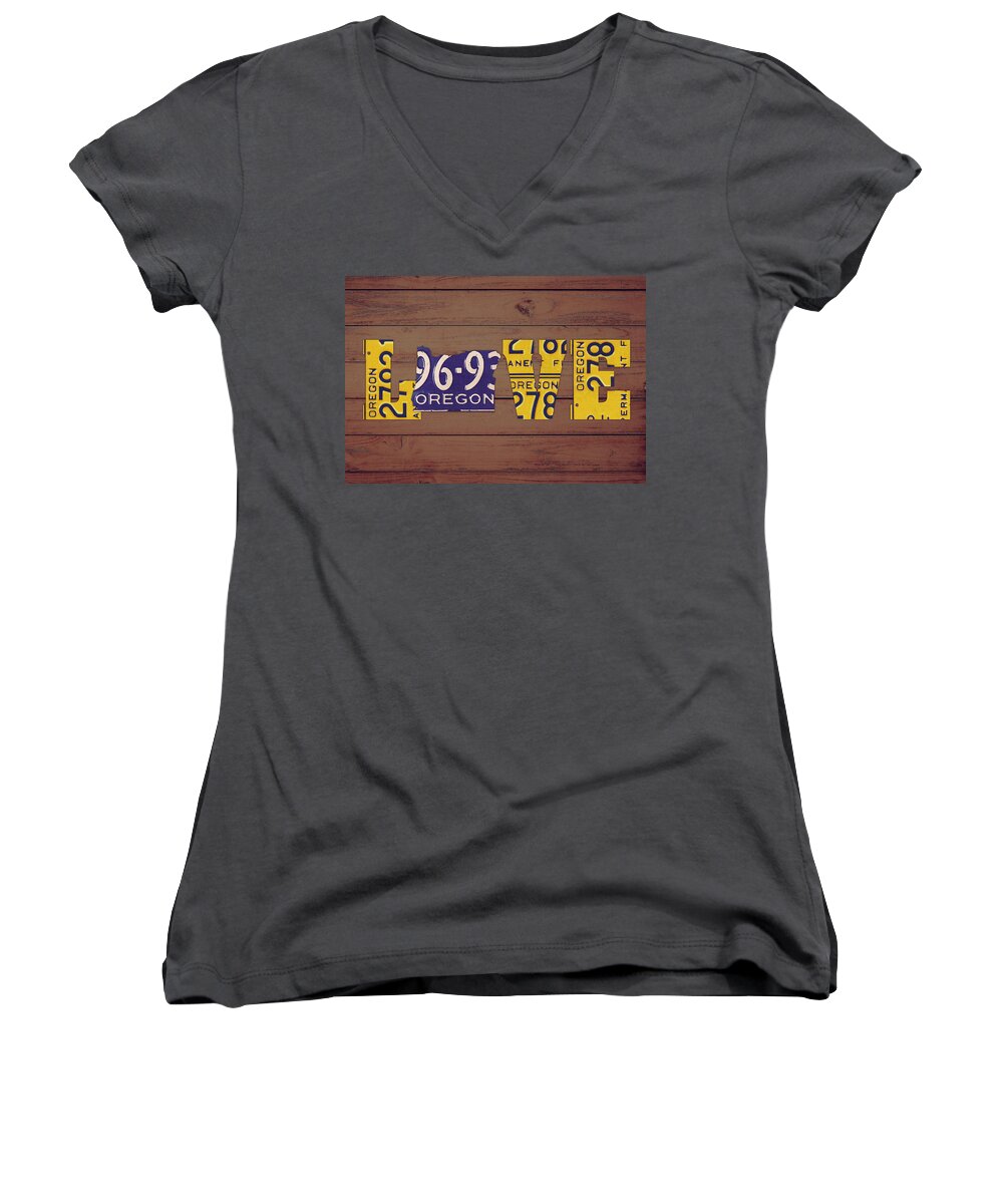 Oregon Women's V-Neck featuring the mixed media Oregon State Love Heart License Plates Art Phrase by Design Turnpike