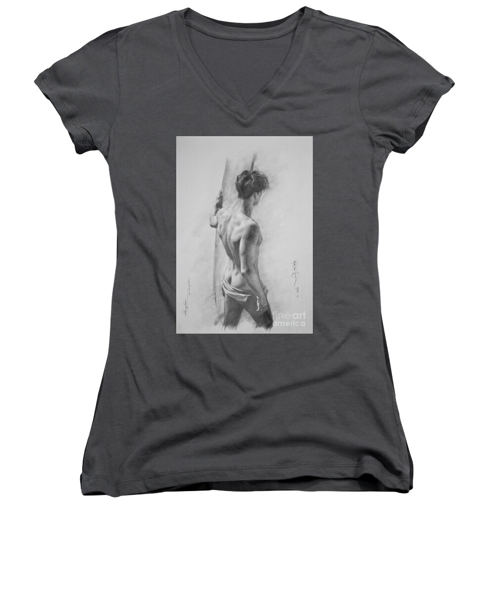 Drawing Women's V-Neck featuring the drawing Original Charcoal Drawing Art Male Nude On Paper #16-3-11-12 by Hongtao Huang