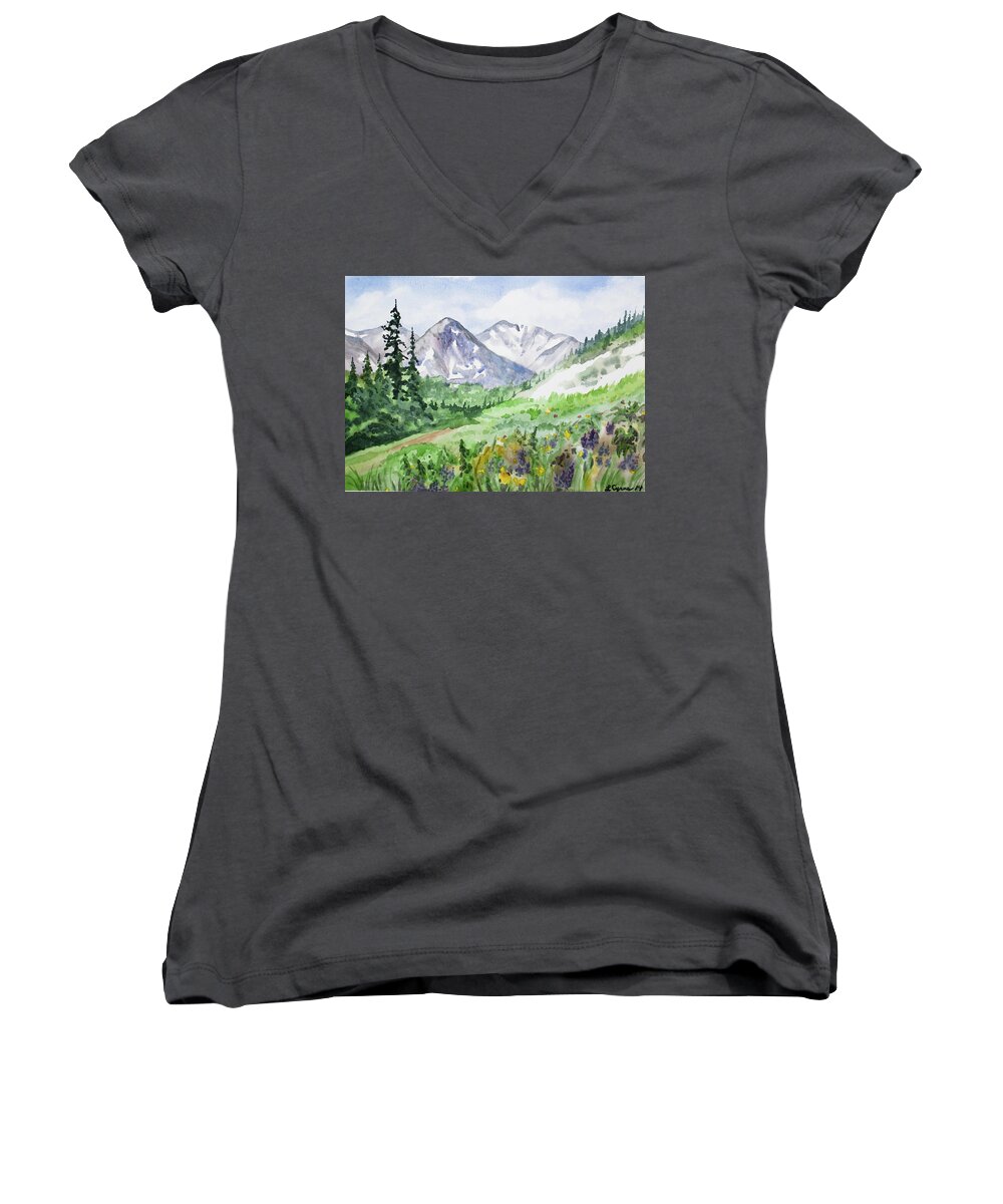 Colorado Women's V-Neck featuring the painting Original Watercolor - Colorado Mountains and Flowers by Cascade Colors