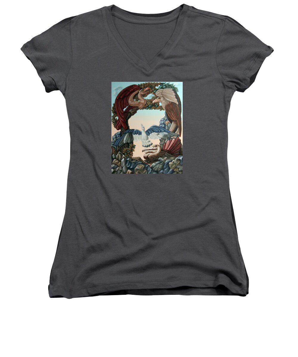 Ludwig Van Beethoven Women's V-Neck featuring the painting Ornithological symphony by Ludwig van Beethove by Victor Molev