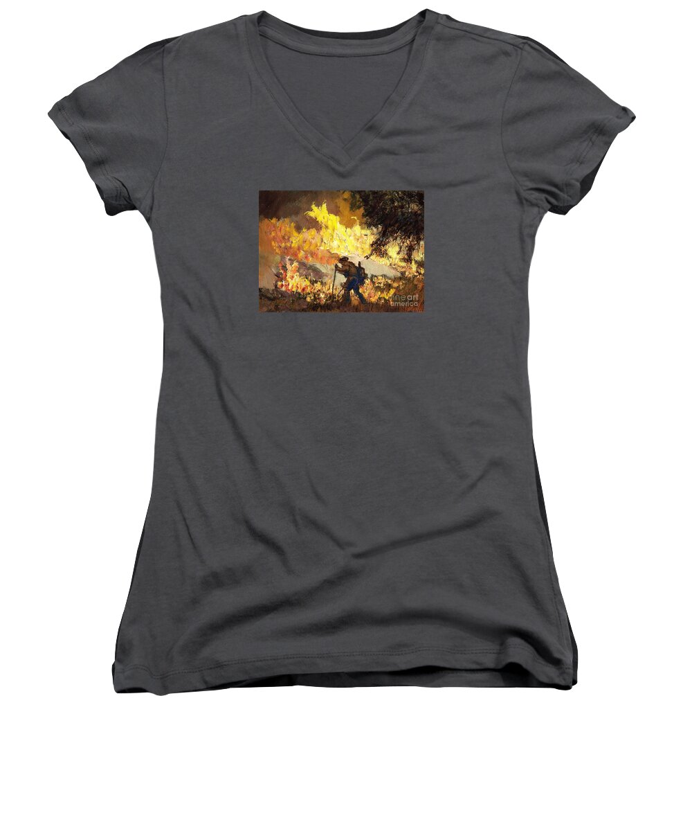 Mountain Women's V-Neck featuring the painting Our Heroes Tonight by Randy Sprout