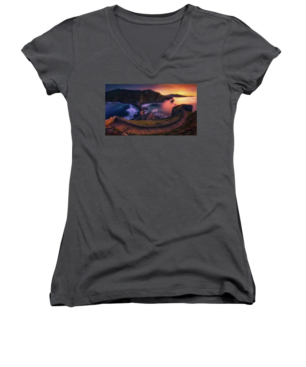 Gaztelugatxe Women's V-Neck featuring the photograph Our small Wall of China by Mikel Martinez de Osaba