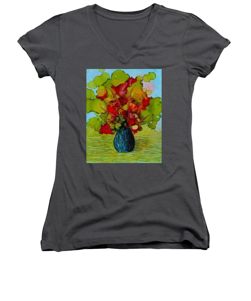 Flowers Women's V-Neck featuring the painting Out of the Blue by Laurie Williams