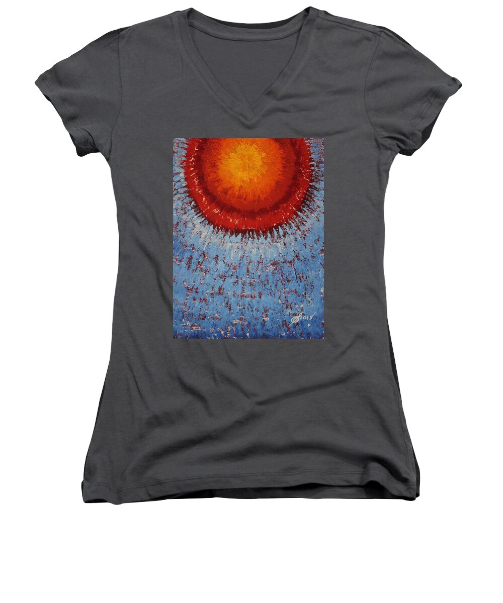 Sunburst Women's V-Neck featuring the painting Outburst original painting by Sol Luckman