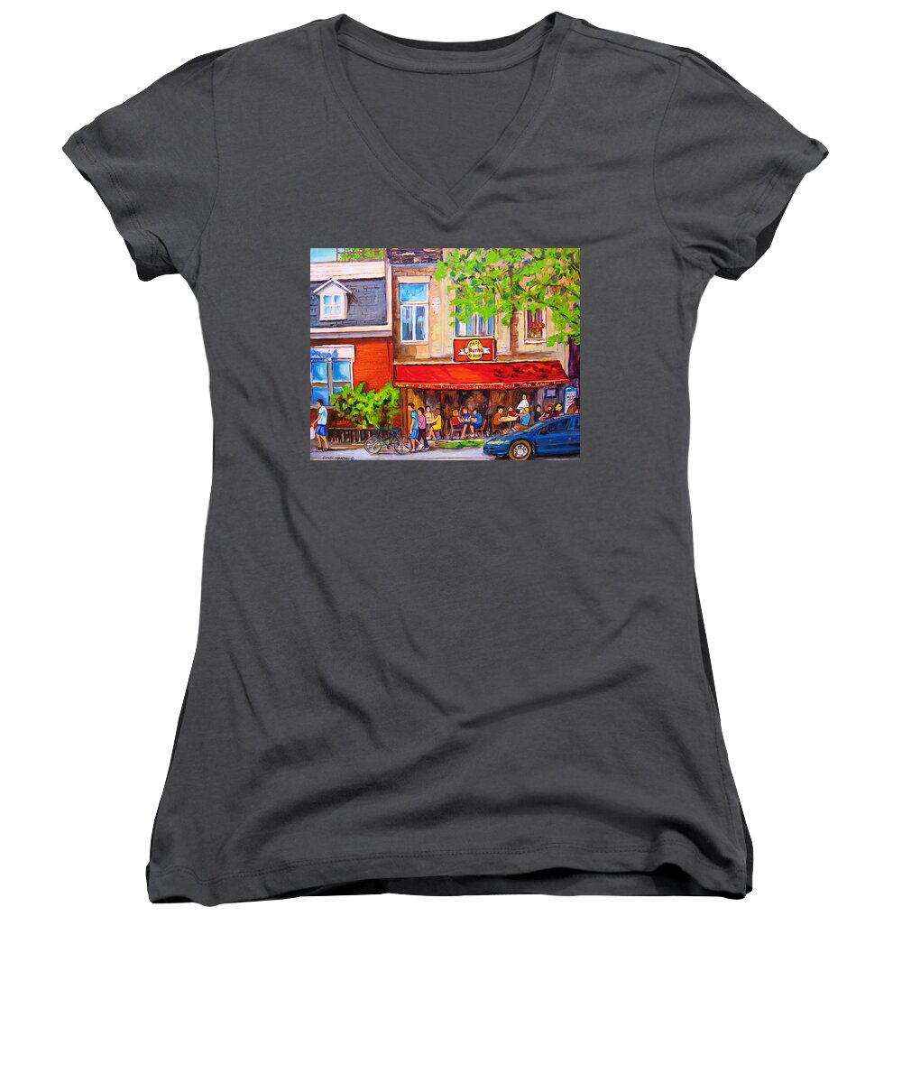 Montreal Women's V-Neck featuring the painting Outdoor Cafe by Carole Spandau