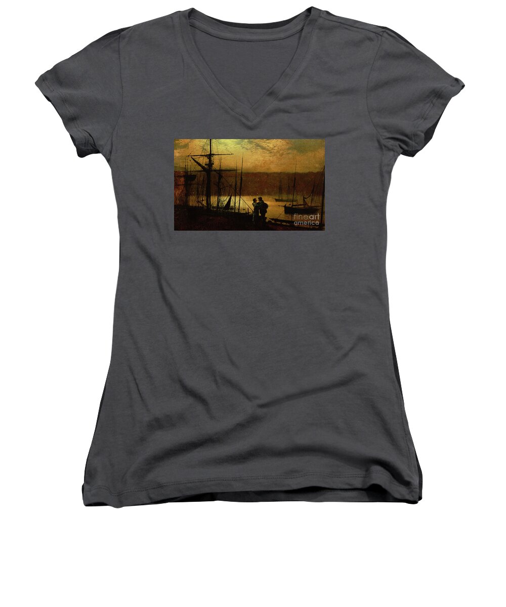 Grimshaw Women's V-Neck featuring the painting Outward Bound A view of Whitby, 1887 by John Atkinson Grimshaw