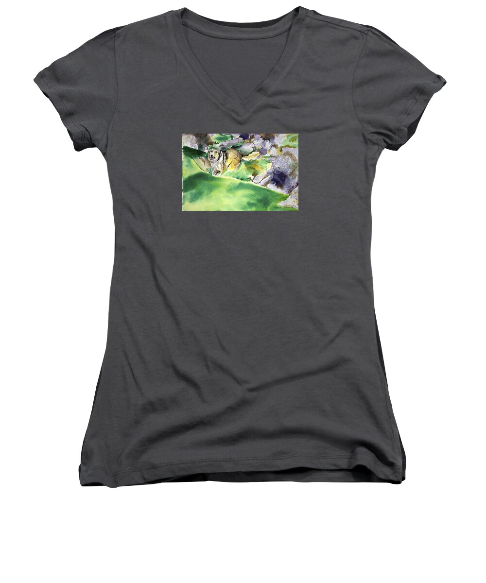  Women's V-Neck featuring the painting Over the Hill with Shep by Kathleen Barnes