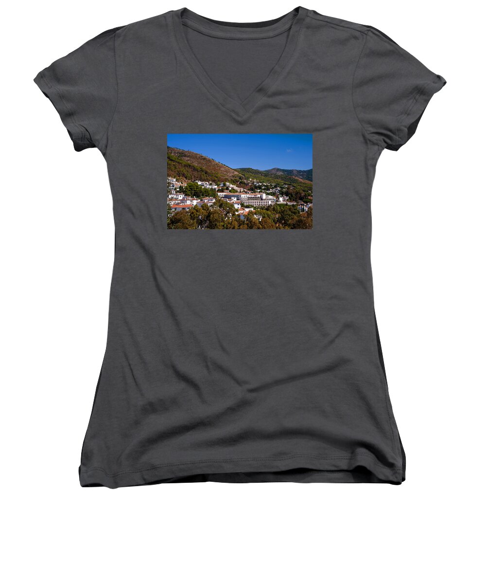 Mijas Women's V-Neck featuring the photograph Overview of Mijas Village by Jenny Rainbow